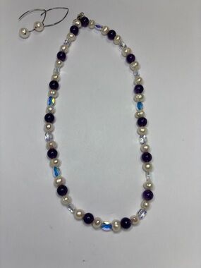 15” Handcrafted Swarovski Crystal and Amethyst Necklace with Pearl Earrings